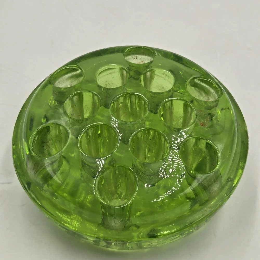 VTG Green Depression Flower Frog Glows Uranium Vaseline Glass 13 Hole 4.5